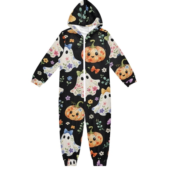 Cute Little Ghost Boys & Girls Hooded One-Piece Pajamas Warm Crystal velvet Hooded Long Sleeve Loungewear Jumpsuit Unisex