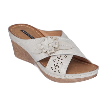 GC Shoes Womens Open Toe Memory Foam Wedge Sandals, Summer Platform Heels, Low Heeled Flower Crossband Slides, Dory/Silver/9
