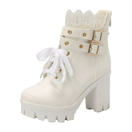 YUHAOTIN Sexy High Heels for Women for Lingerie Ladies Fashion Leather Lace Decorative Belt Buckle Back Zipper Thick High Heel Short Boots High Heel Ankle Boots for Women Black Wedge Sandals for Women