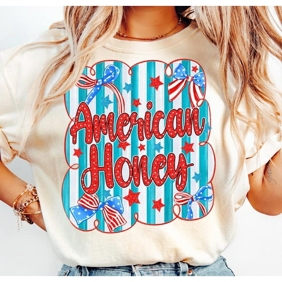 American Honey T-Shirt – Cute Girly 4th of July Tee with Bow and Stars, Perfect for Patriotic Summer Outfits