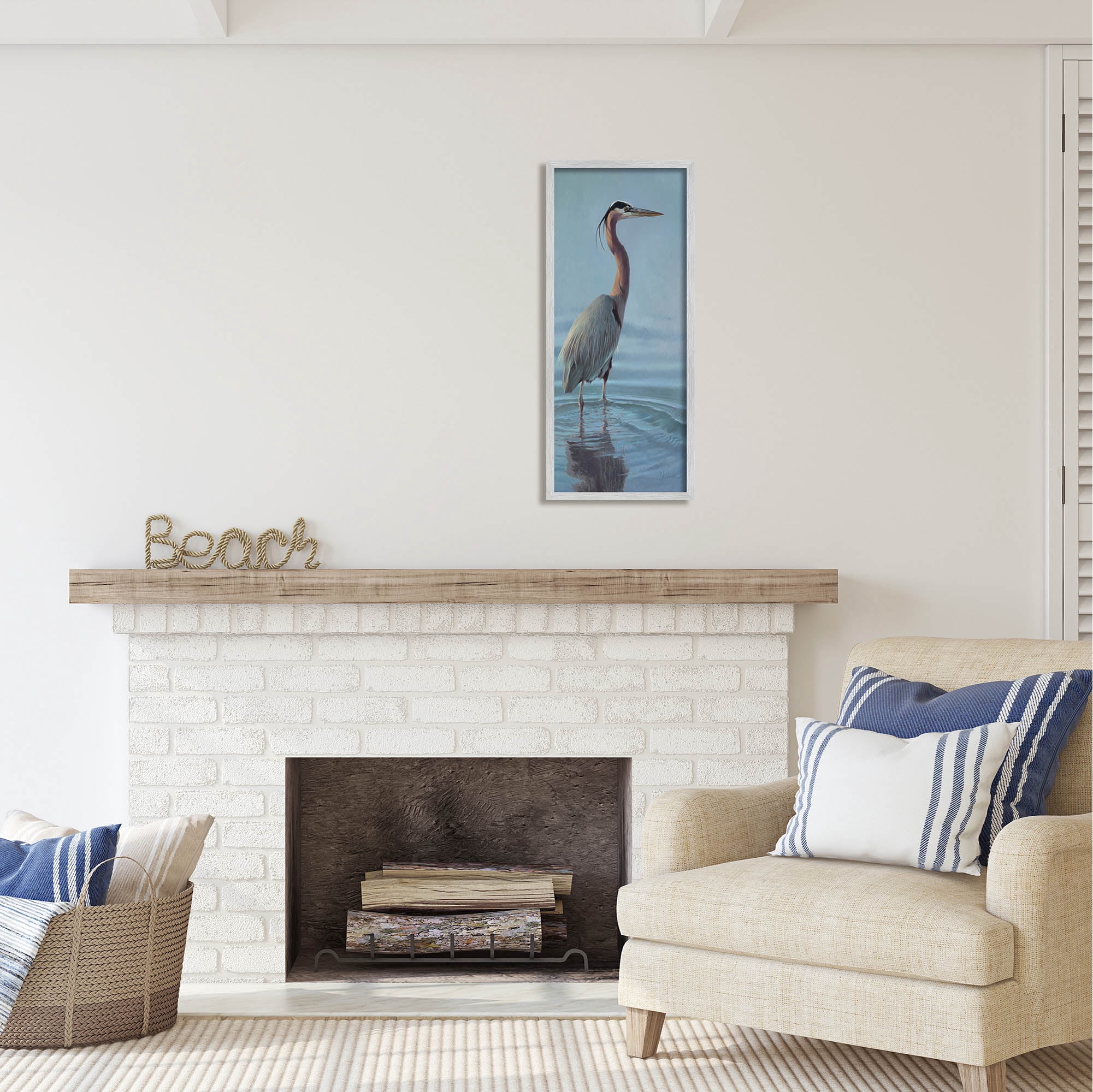 Stupell Industries Heron Bird Perched Ocean Ripples Coastal Painting Gray Framed Art Print Wall Art
