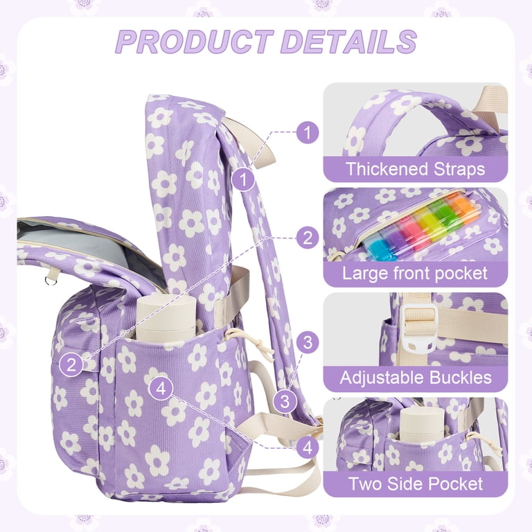 DAKIMOE School Backpack with Laptop Compartment, Purple Flower photo 4