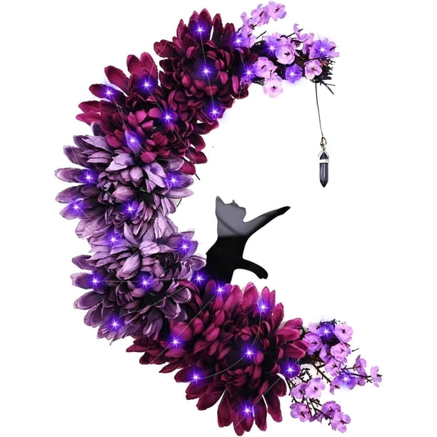 2024 Nueva corona de Halloween, coronas de gato negro de luna de Halloween con luces, decoración del hogar para colgar, corona de gato negro de luna de flores, decoración de pared de fiesta para el ho