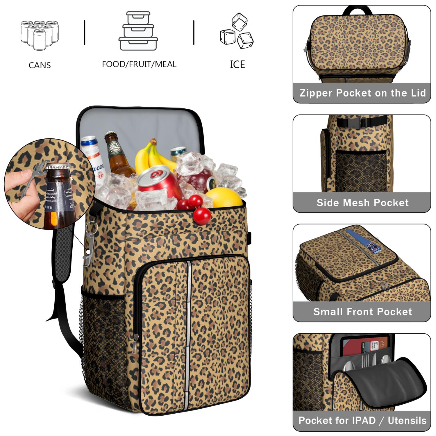 Travel Cooler Bag - Brown and Black Leopard Print Camping Beer Cooler Backpack with Bottle Opener- Waterproof Insulated Picnic Backpacks - Cooler Bag for Beach