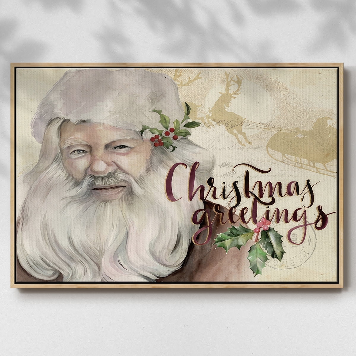 Christmas Greetings Collection A - Framed Gallery Wrapped Holiday Canvas - 17 x 25 - Natural Wood Frame