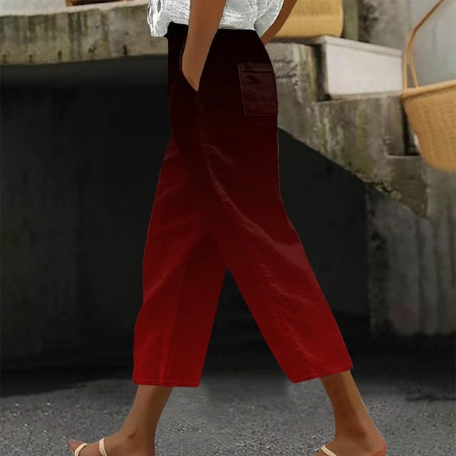Baodmurt Pantalon Taille Haute pour Femmes, Capris Raccourcis à Cordon, Pantalons de Survêtement pour les Vacances, Rouge P