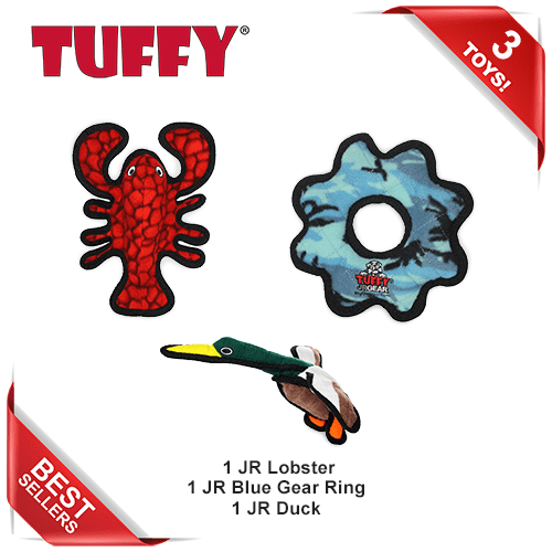 TUFFY® - World's Tuffest Soft Dog Toy - Jr Gear, Duck & Lobster- Combo Pack - Squeakers - Multiple Layers. Made Durable, Strong & Tough. Interactive Play (Tug, Toss & Fetch). Machine Washable & Floats