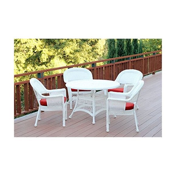 Jeco 5 Piece Resin Wicker Outdoor Patio Dining Set in White with Red Cushion