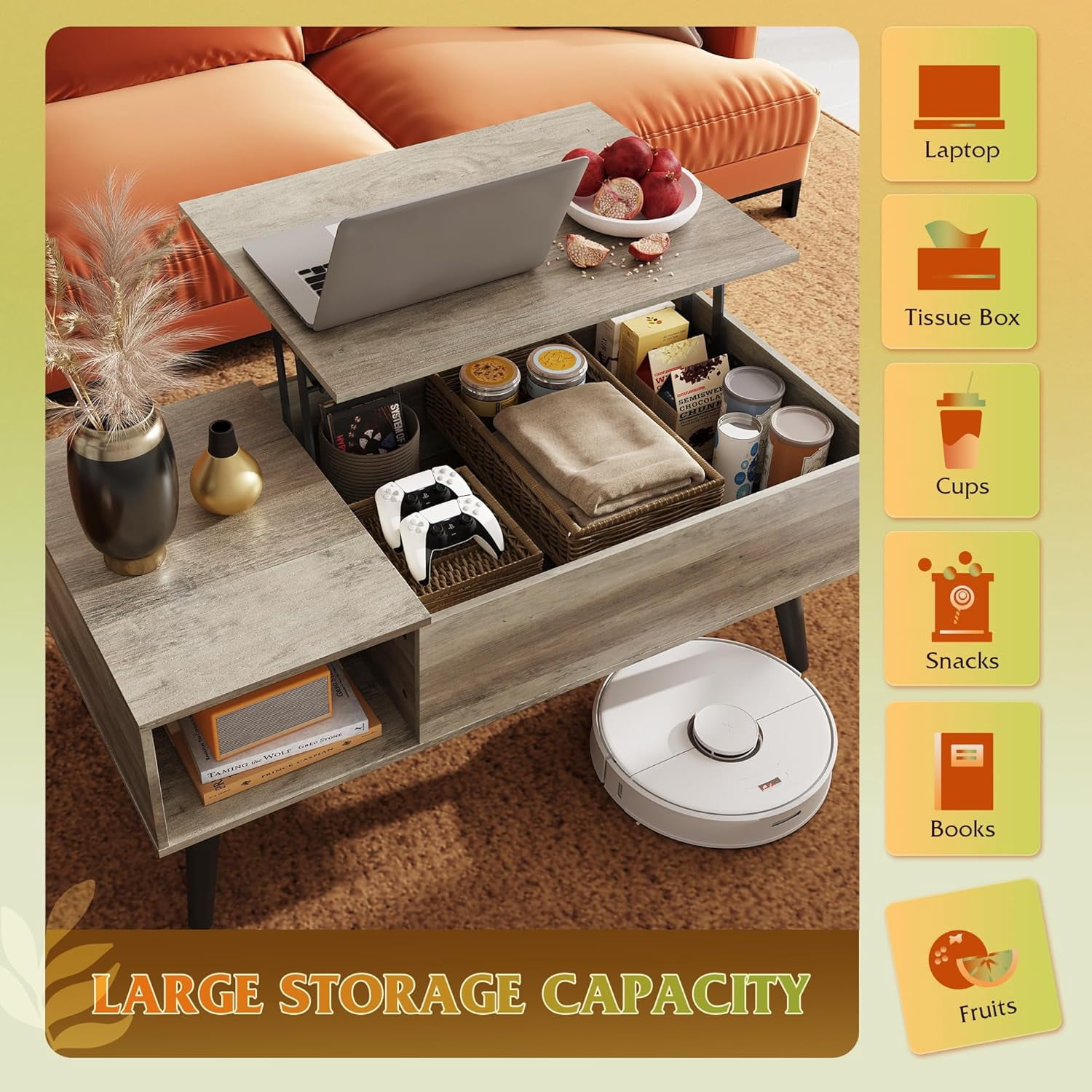 GALAXHERO Lift Top Coffee Table with Storage Small Living Room Table with Storage Shelf & Hidden Compartment Greige