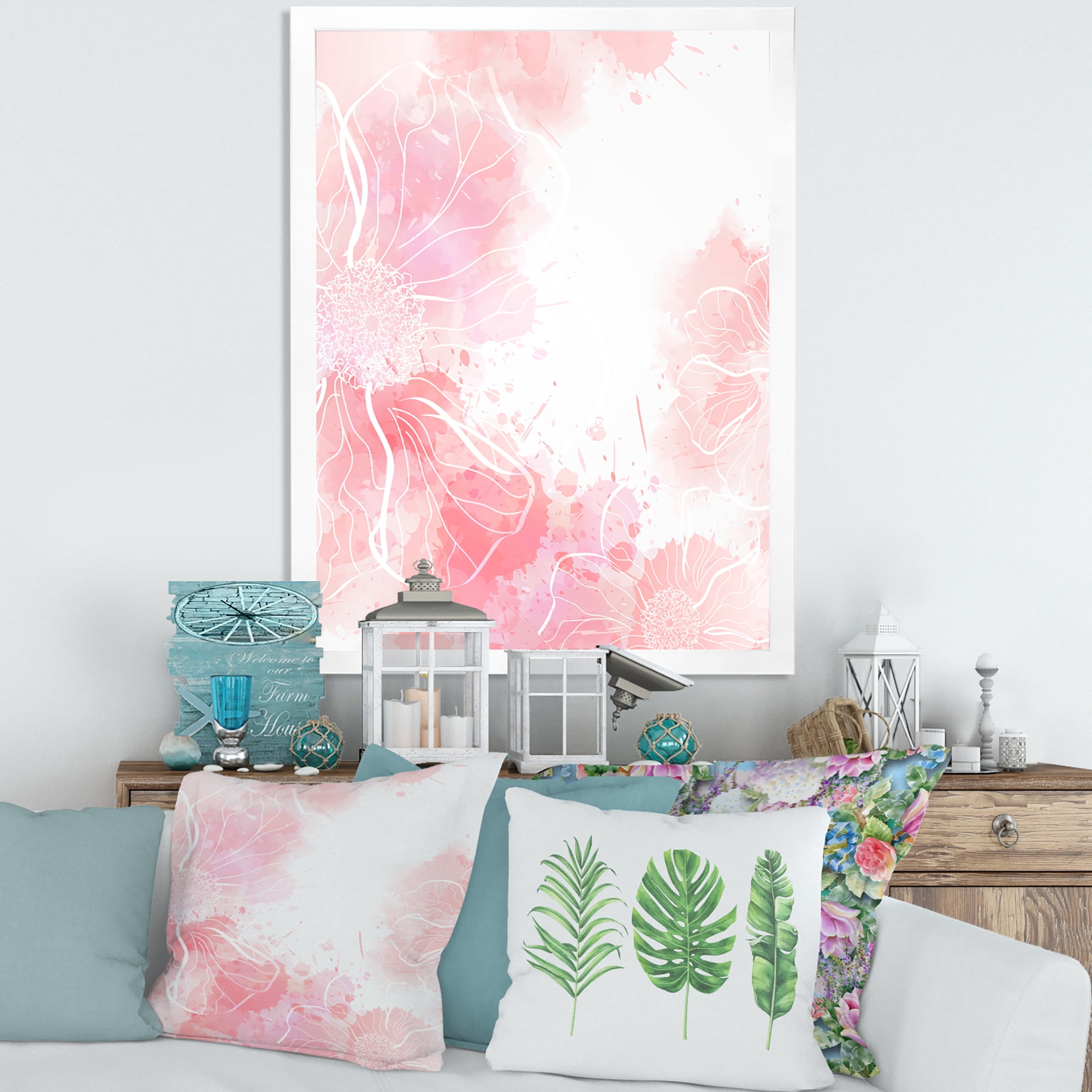 Designart 'Abstract Splashes of Pink Flowers I' Modern Framed Art Print