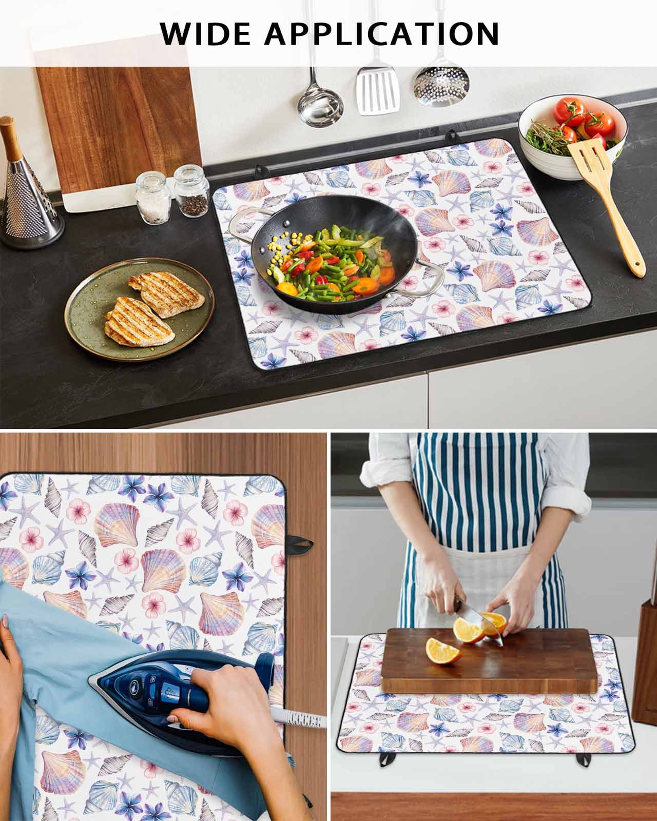 nqOlkjepod Large Induction Cooktop Protector Mat 24"x21", Blue Flower Stove Top Covers for Electric Stove, Summer Coastal Shell Ocean Conch Starfish Stove Burner Cover Mats, Glass Top Stove Cover
