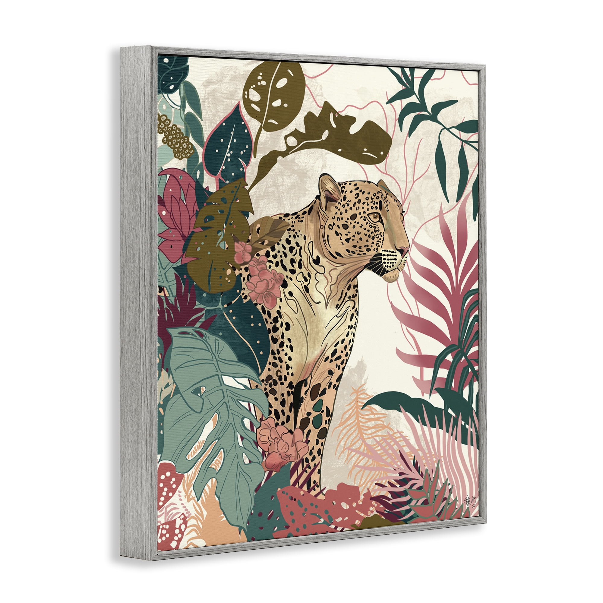 Stupell Industries Cheetah Tropical Leaf Pattern Animals & Insects Painting Gray Framed Art Print Wall Art, 11 x 14