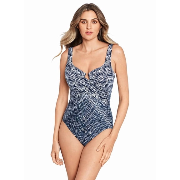 Miraclesuit Women's Swimwear Silver Shores Criss Cross Escape Tummy Control Underwire One Piece Swimsuit, Midnight Blue/White, 12