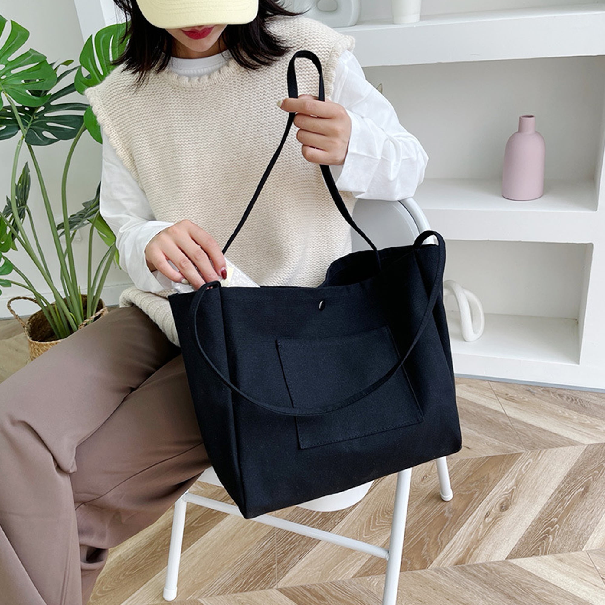 Fashion Extra Large Capacity Lightweight Canvas Bag Shoulder Bag Shopping Handbags  Bag for Women Ladies School Work College Travel, Black 