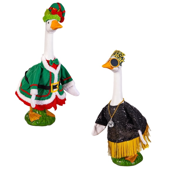 Mainstays Holiday Elf & New Year Porch Goose Outfit, Set of 2, Fits 20" Goose