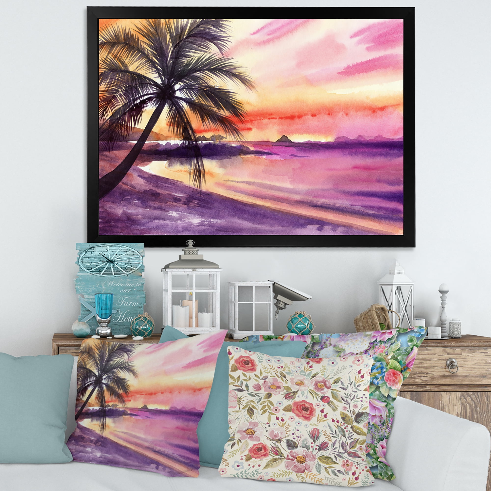 Designart 'Purple and Pink Palm Beach Sunset' Nautical & Coastal Framed Art Print