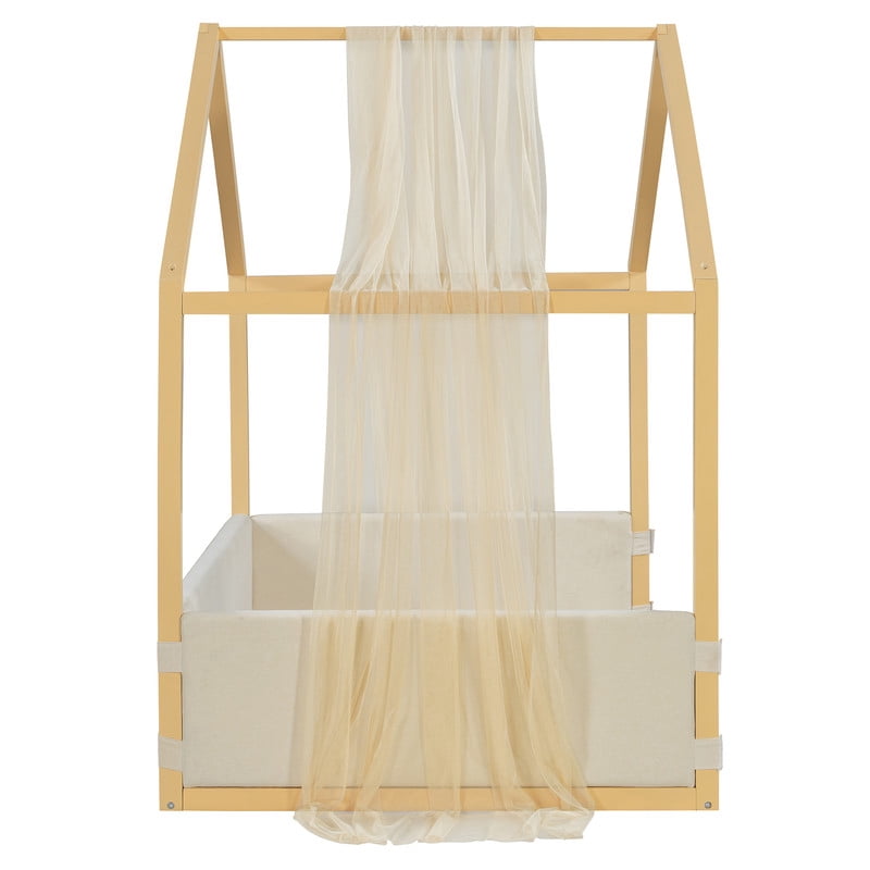 Twin Size Canopy Bed with Upholstered Velvet Side Panels and Breathable Gauze Canopy, Soft-Padded Platform Bed Floor Bed Kids Montessori Bed for Bedroom