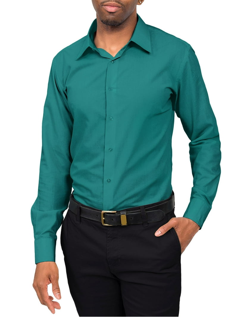Men's Slim Fit Solid Color Dress Shirt (Teal) Teal / X-Large/17-17.5 Neck/32-33 Sleeve