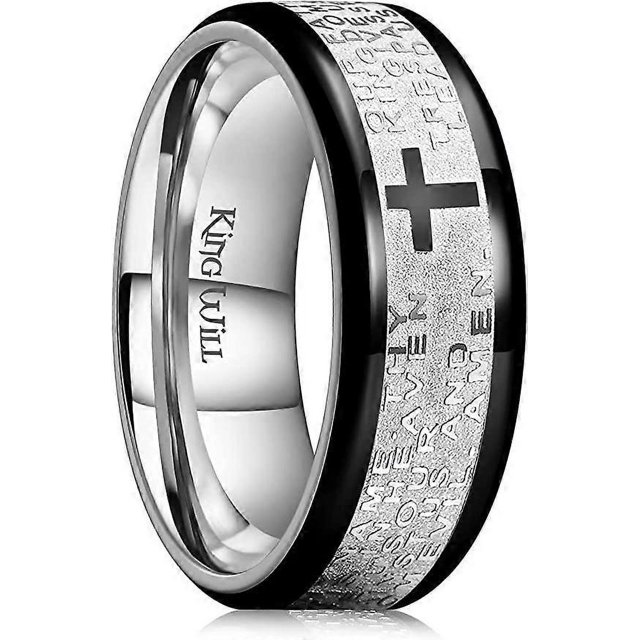 Anillo de acero inoxidable con cruz del Padrenuestro de 8 mm, alianza de oro y plata, con grabado bíblico, pulido.