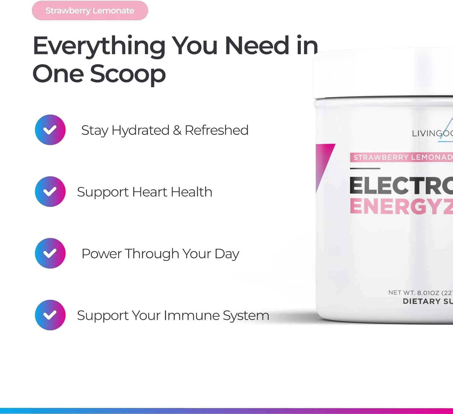Livingood Daily Electrolytes Powder Strawberry Lemonade, 30 Servings - 4in1 Hydration Powder Sugar Free Electrolyte Drink Mix