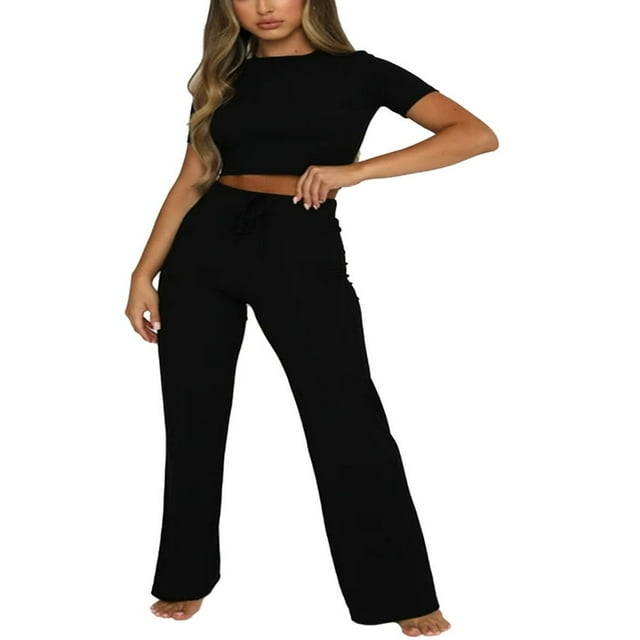 PENGXIANG Women‘s High Waist Drawstring Knitted Loose Fitting Wide Leg Pant Solid Color Casual Trousers