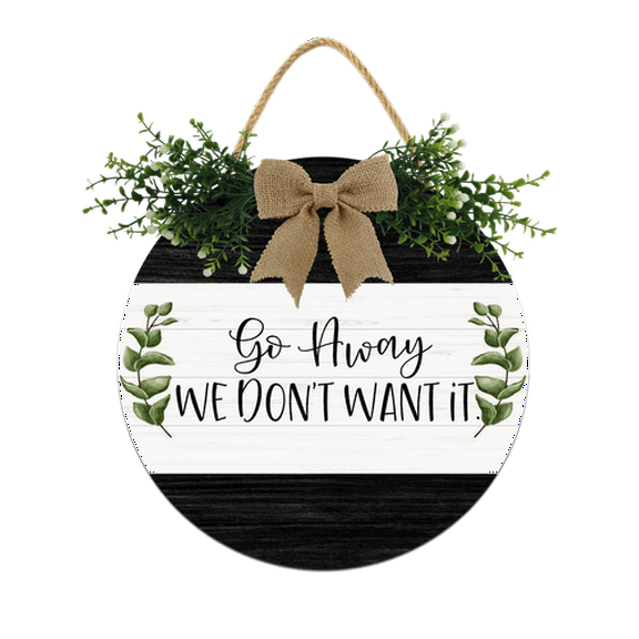 Eveokoki Go Away Sign for Front Door,11Inch Door Decor for Farmhouse Porch Decorations,Rustic Unwelcome Wreaths Sign with Greenery, Round Wooden Hanging Signs Housewarming Gift for Home