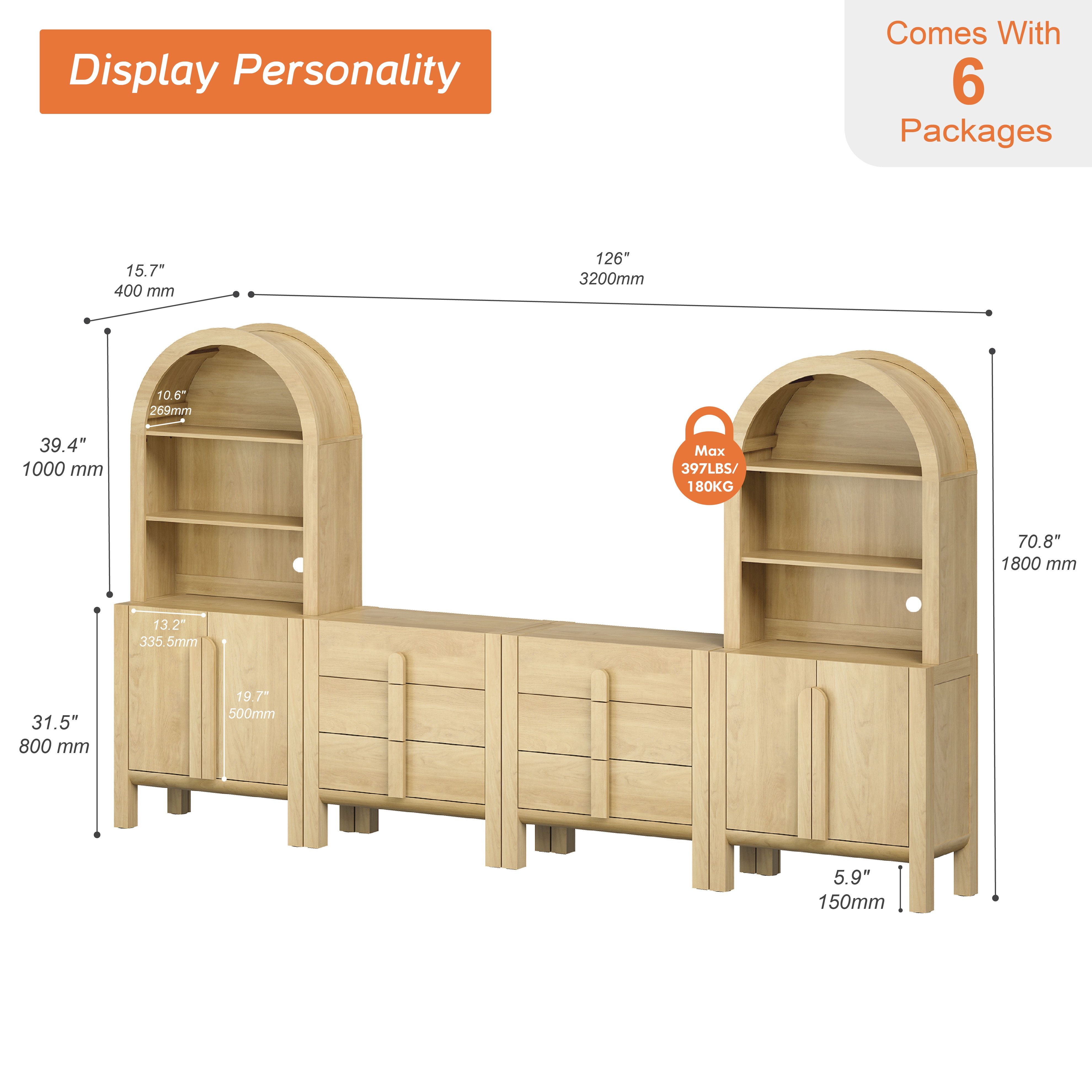 126"W Large Kitchen Hutch Sideboard Buffet Cabinet, Arched Pantry Storage Cabinet with 4 Wood Doors, 6 Drawers And 10 Tier Shelves