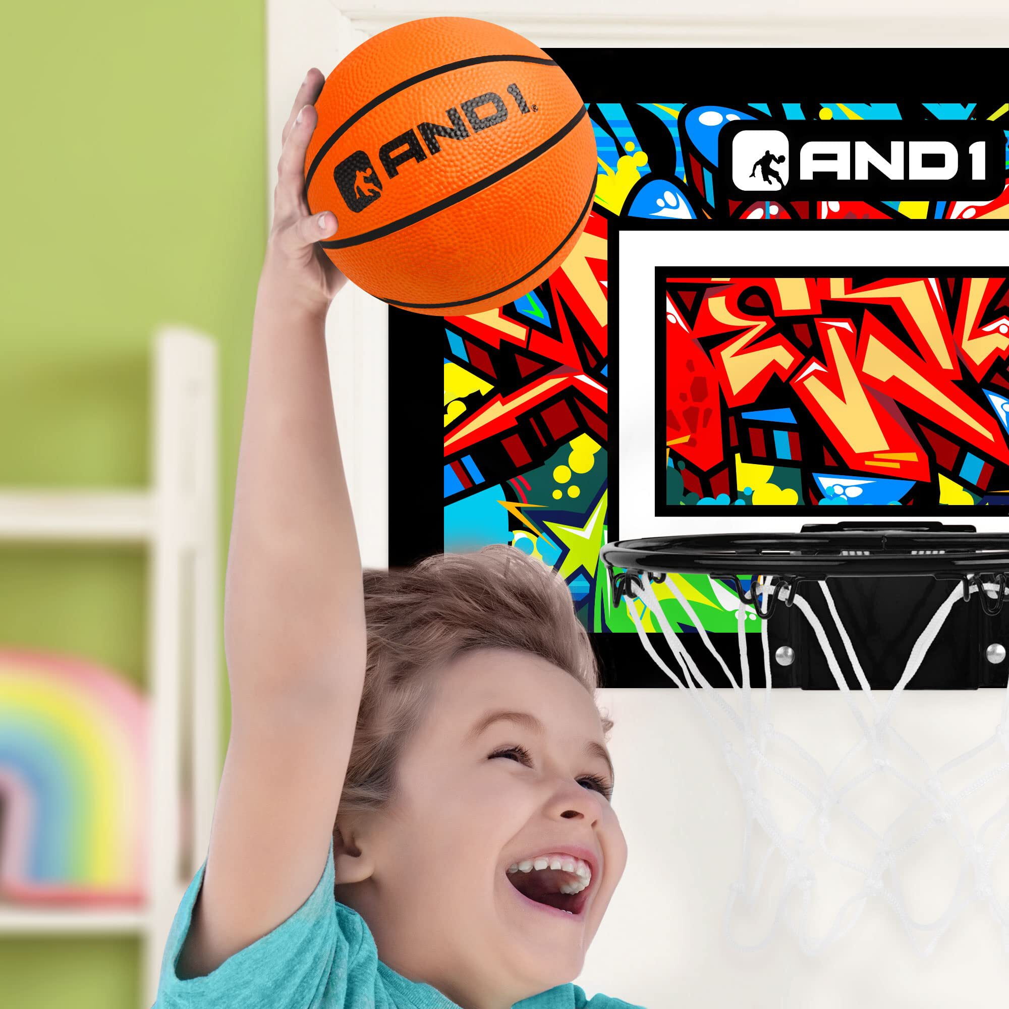 AND1 Over the Door Mini Basketball Hoop Set, 18"x12" Shatterproof Backboard, 1 Mini Basketball & Hand Pump, No Tools Indoor Use