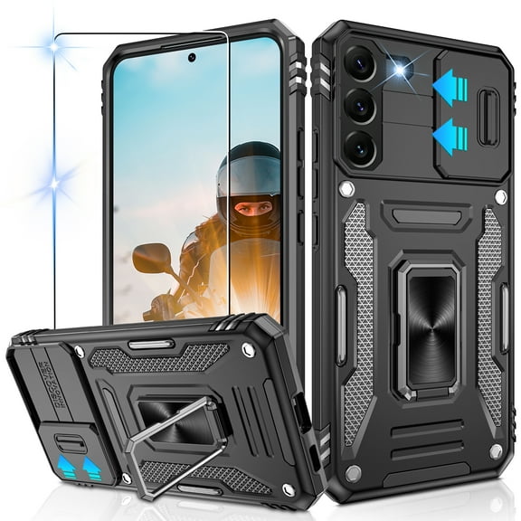 Atump for Galaxy S22 Case with 2Pcs HD Screen Protector, Military Grade Shockproof and Slide Camera Cover, 360° Rotated Ring Kickstand Protective Case for Samsung Galaxy S22,Black