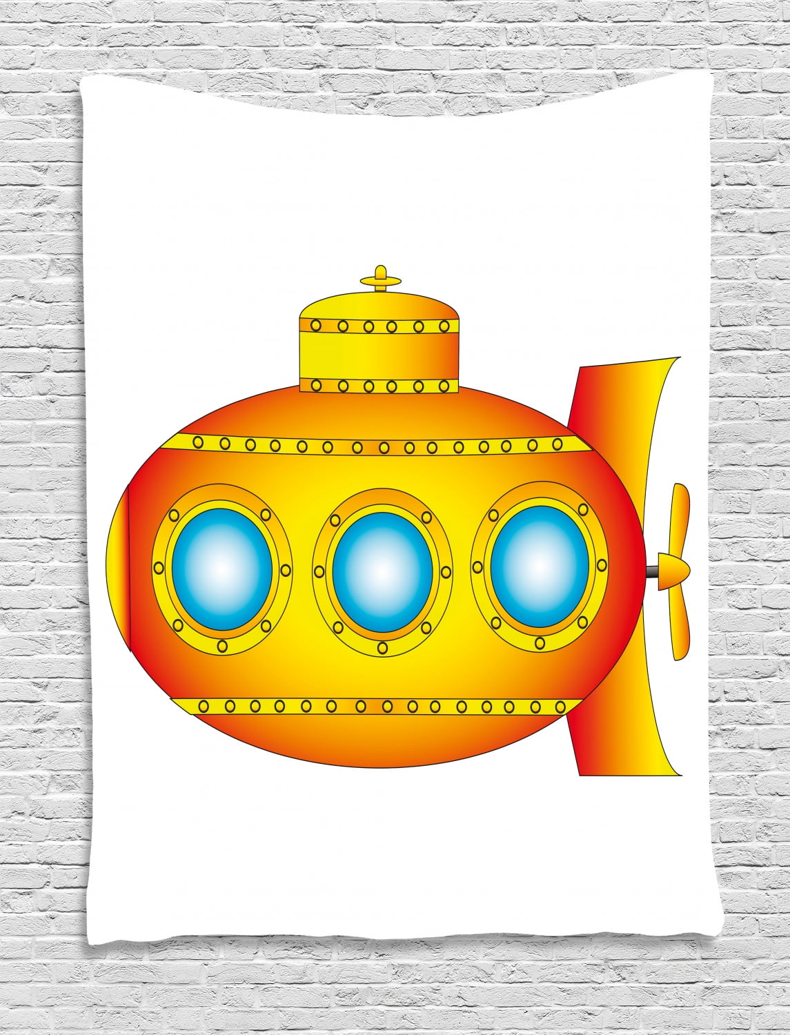 Yellow Submarine Decor Tapestry, Sea Theme a Submarine on White