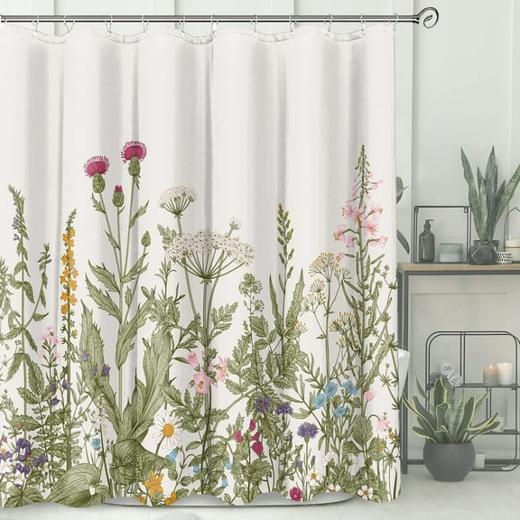 Vintage Floral Shower Curtain 72 x 72 Inch, Botanical Flower Shower Curtain for Bathroom Decor, Wildflower Herb Shower Curtain with 12 Hooks