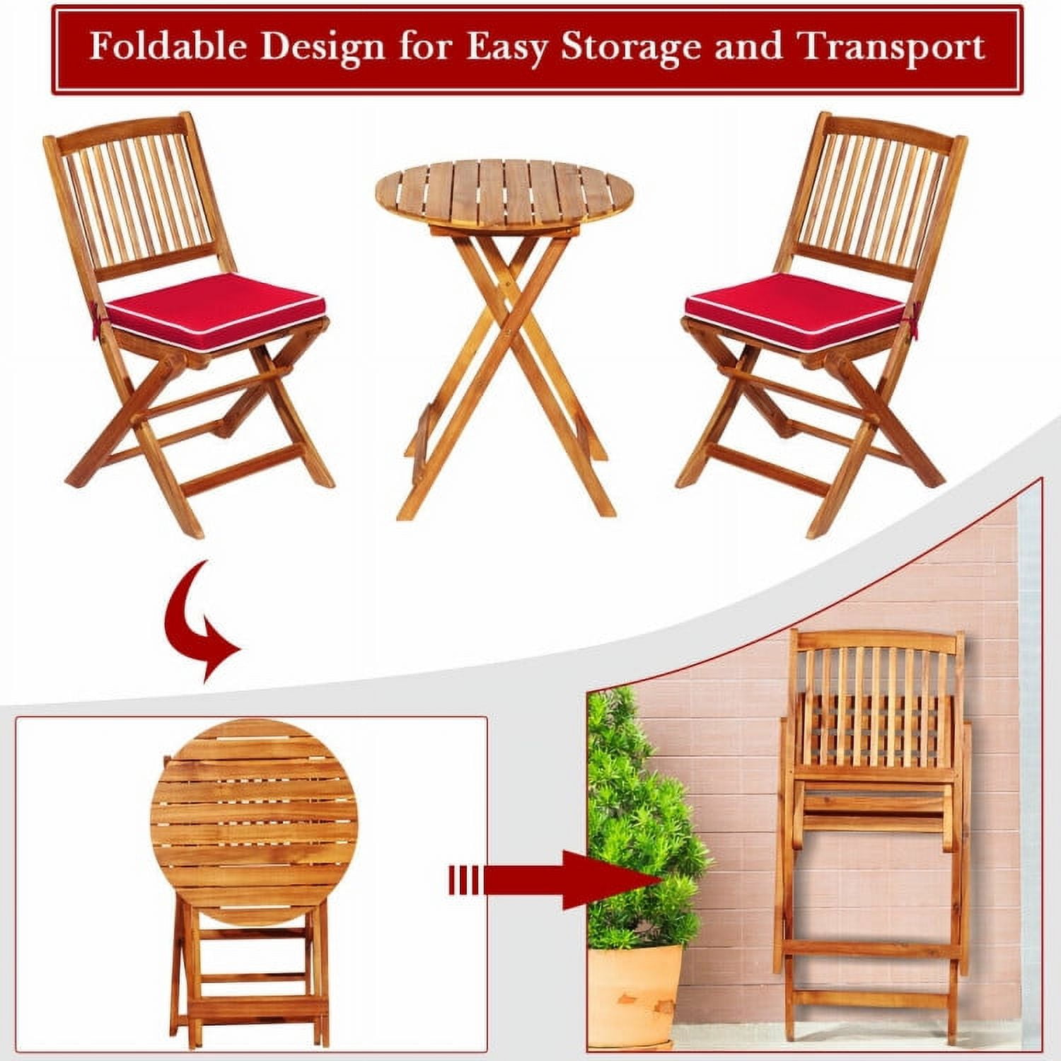 Aimee Lii 3 Pieces Patio Folding Bistro Set with Padded Cushion and Round Coffee Table, Red Aimee Lii 3 Pieces Patio Folding Bistro Set with Padded Cushion and Round Coffee Table, Red