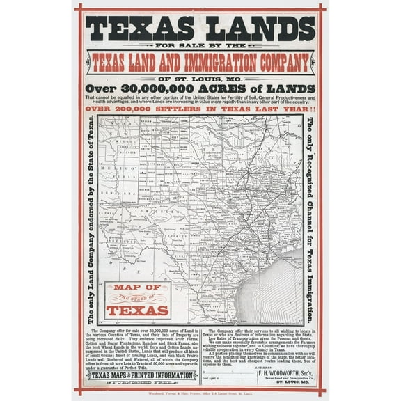 Historic State Map - Texas Lands Sale - Woodworth - Vintage Wall Art