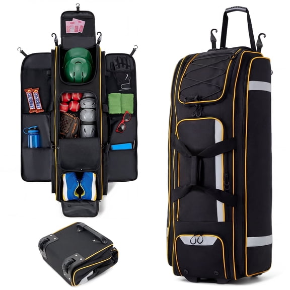 Fegat Rolling Baseball Bag with Wheels,100L Large Softball Bag Catchers Gear Bags for 8 Bats,Equipment Bag with 5 Fence Hooks,Reflective Strip,Shoe Compartment,Holds All Softball Baseball Equipment