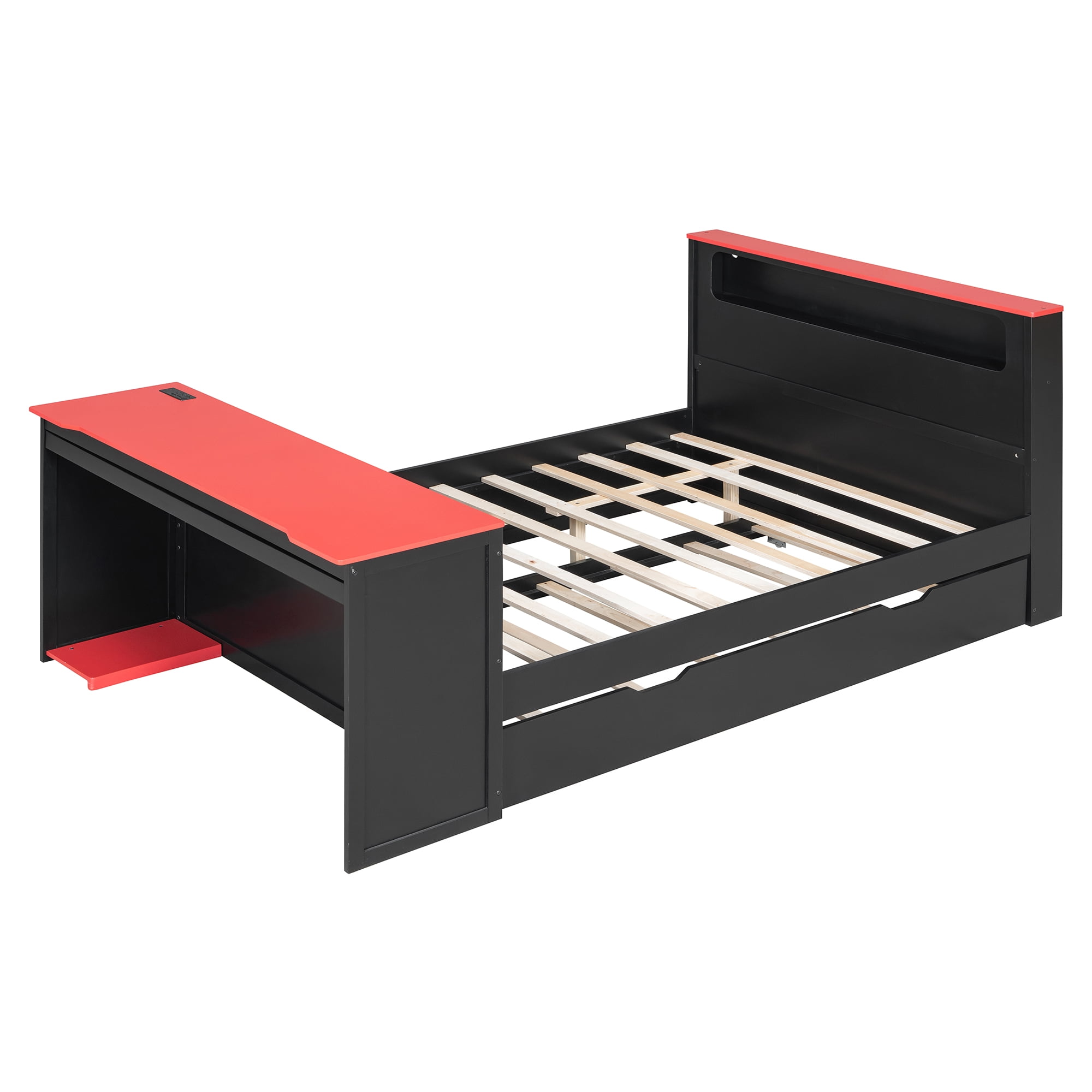 Mintazer Full Gaming Bed with Charge Station & Lights, Daybed with Desk & Trundle for Home Office, Black & Red