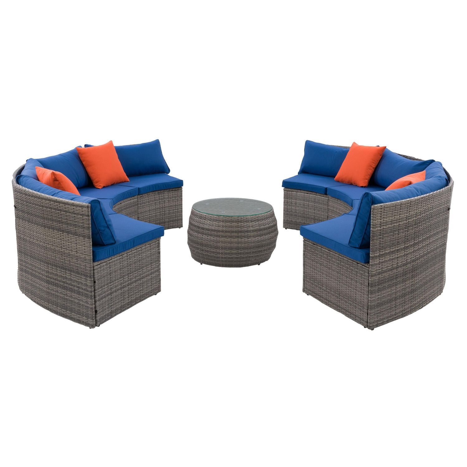 CorLiving Parksville 5-Pc Resin Wicker Patio Sectional Set- Blended Grey Finish/Oxford Blue Cushions