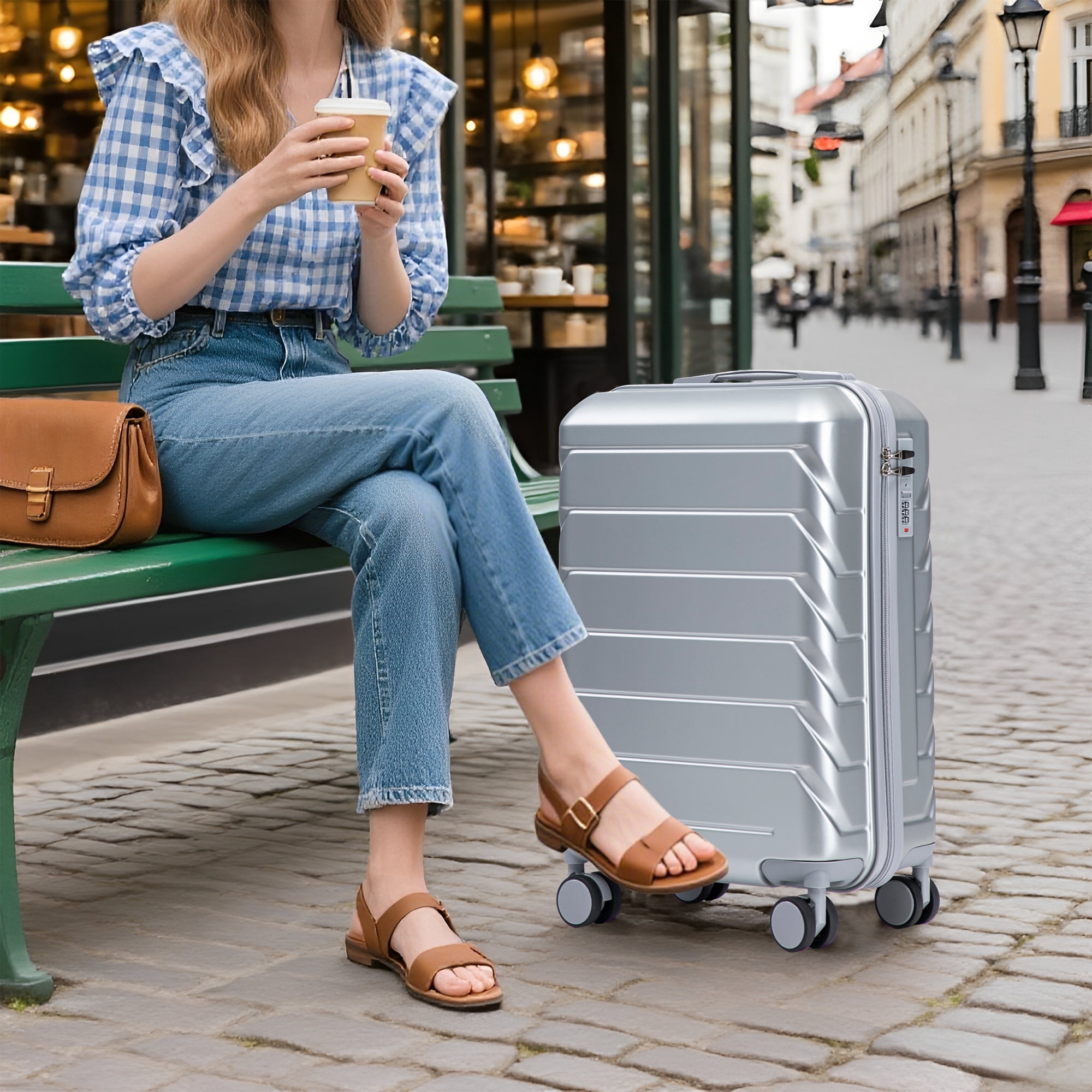 14"/20" 2 pcs/set in ABS Spinner Wheel Luggage, with Combination Lock, 14" Cosmetic Case (Silver)