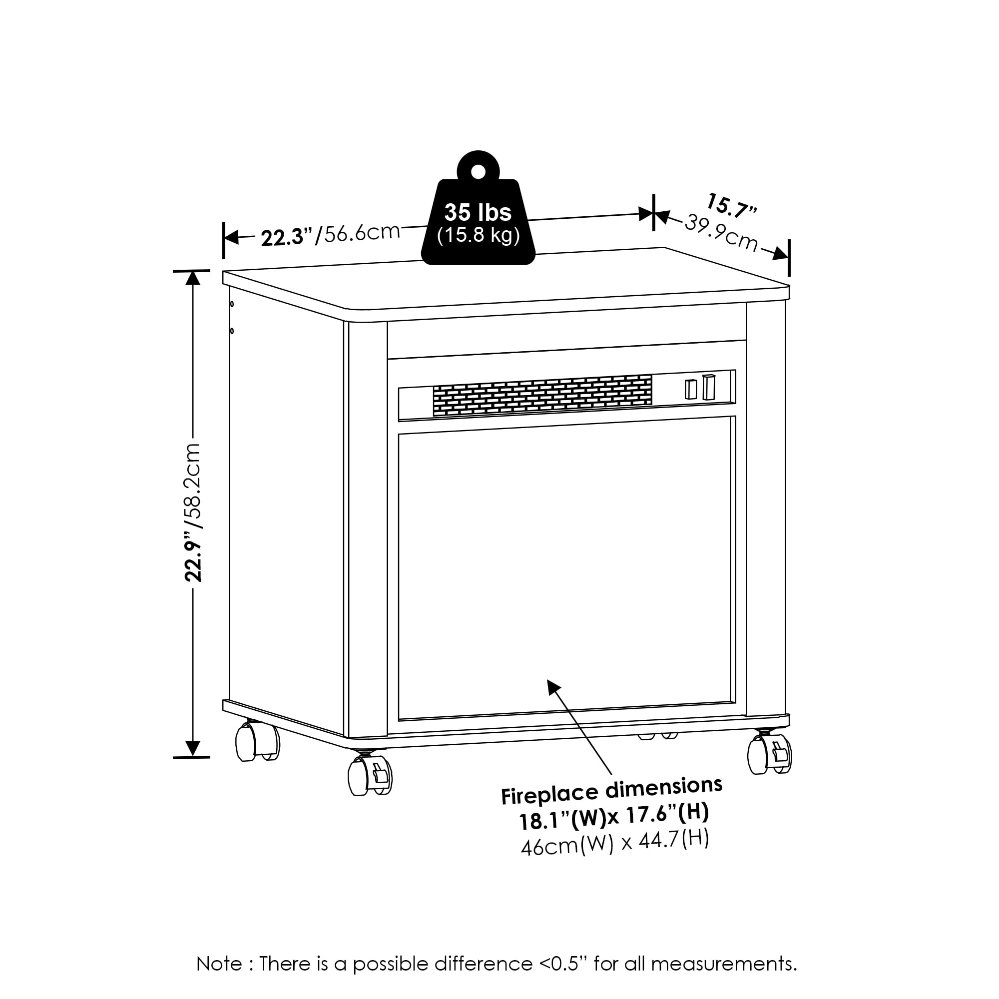 Furinno Jensen Electric Fireplace End Table with Wheels, Americano