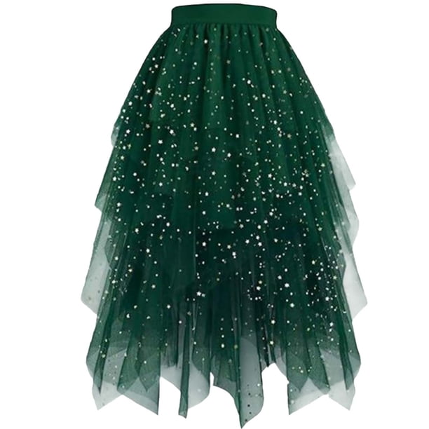 Faldas Largas para las Mujeres de Verano Estrella en Capas Torta Irregular Mitad de Longitud Malla Lentejuelas Falda, Fondo de la Primavera Casual