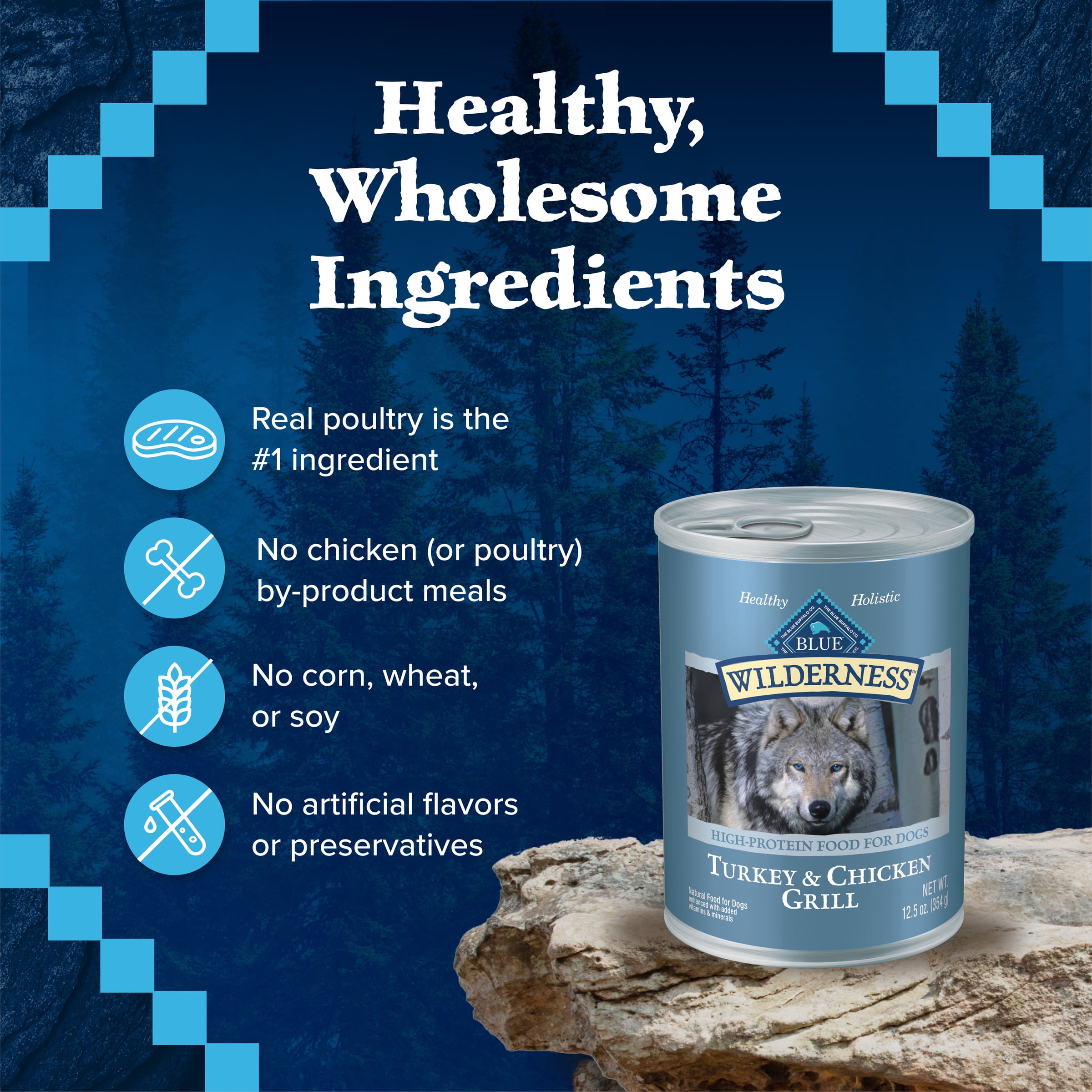 (6 pack) Blue Buffalo Wilderness High Protein Turkey and Chicken Wet Dog Food for Adult Dogs, Grain-Free, 12.5 oz. Can