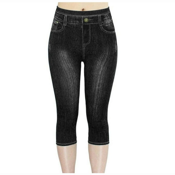 BLTIBY Thigh Shapers for Women Mid Waisted Tummy Control Butt-lifting Seamless Three-quarter-length Faux Denim Solid Color Shaper Underwear Slimming Shorts Black L