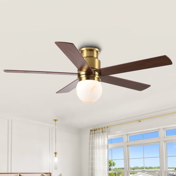 Parrot Uncle Modern 52" Gold Double-Sided LED Flush Mount Ceiling Fan with Remote Control, Frosted Glass Shade