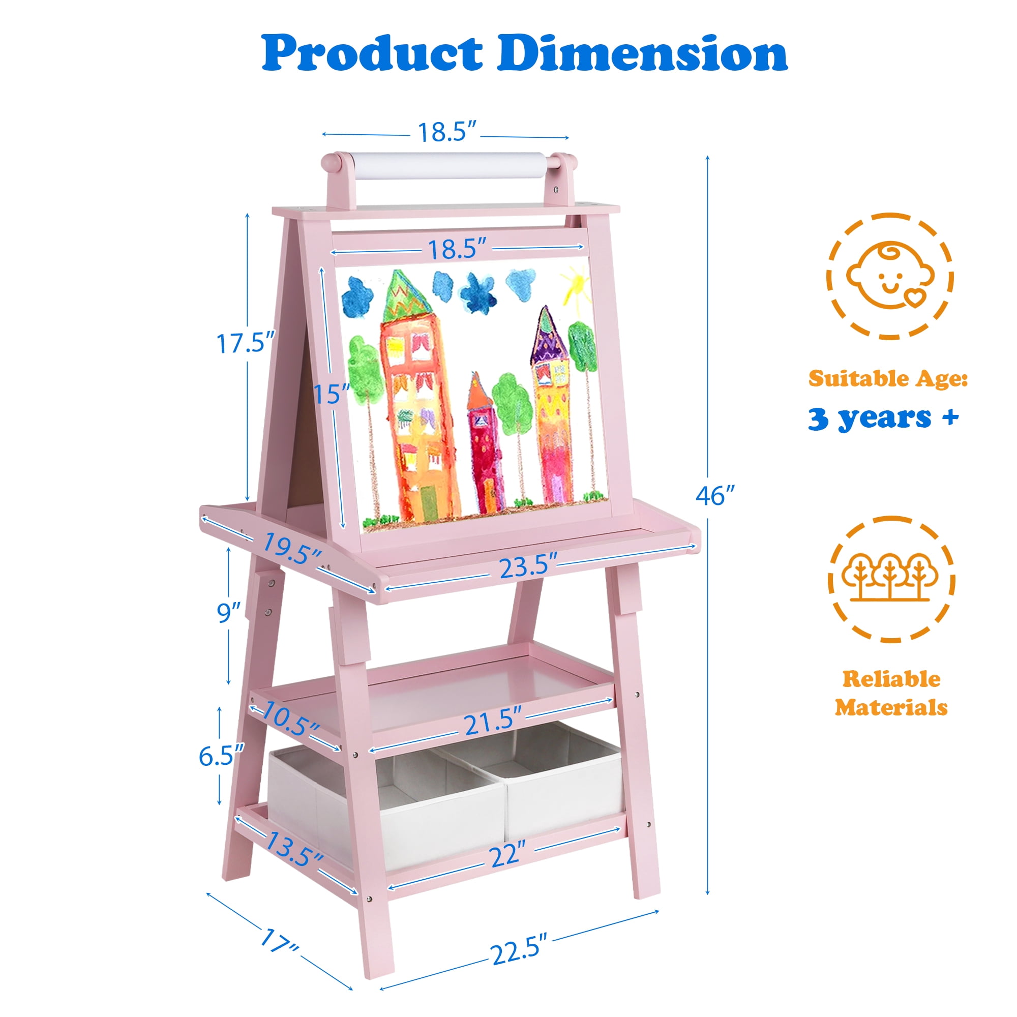 AILEEKISS 3 in 1 Kids Art Easel Double-Sided Magnetic Whiteboard Chalkboard with Paper Roller, Pink