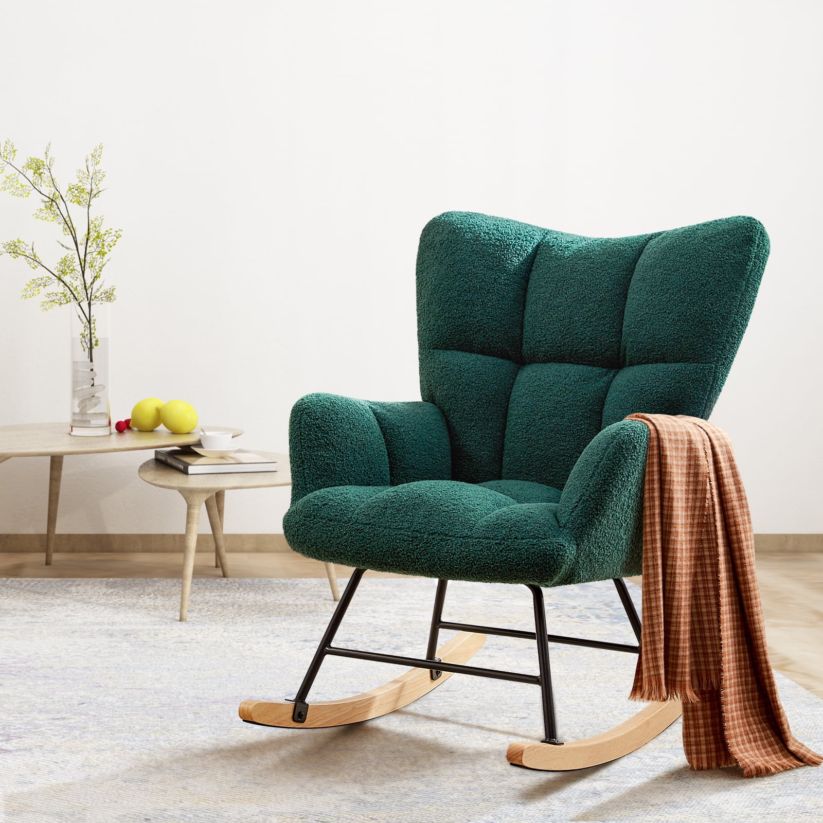 MCQ Rocking Chair Nursery, Teddy Upholstered Glider Rocker with High Backrest, Reading Chair Modern Rocking Accent Chairs Glider Recliner, Green
