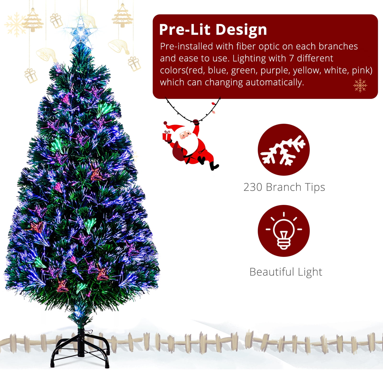6ft Top With Stars PVC Material Fiber Optics 230 Branches Christmas Tree, Green