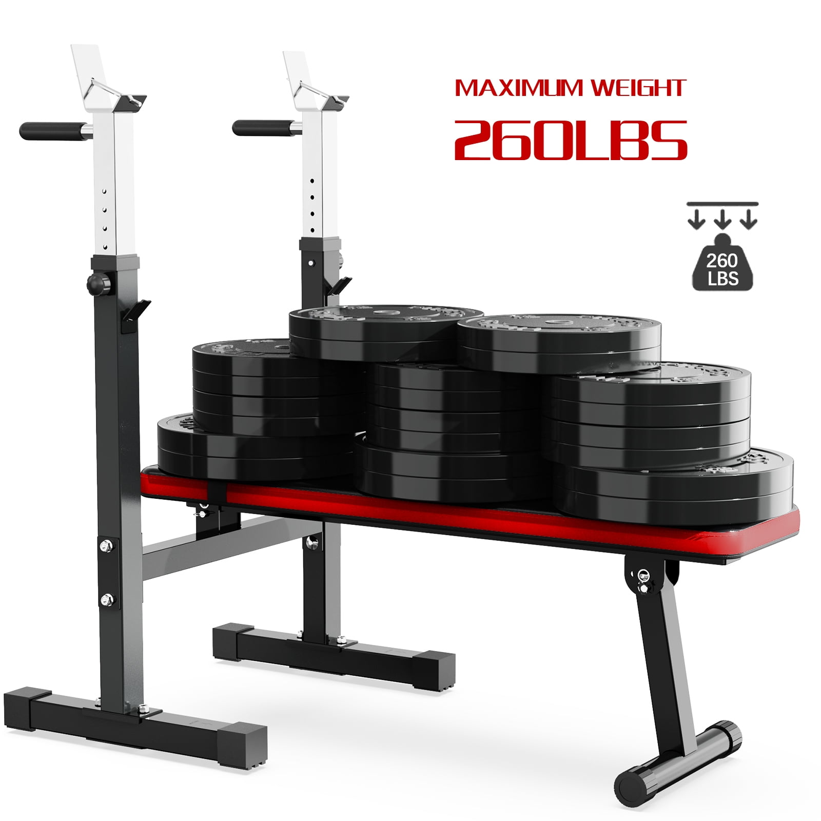 Lmdex Adjustable Weight Bench Press with Squat Rack & Folding Dip Station, Complete Home Gym Set with 150lbs Weight Plates and Curl Bar for Full Body Strength Training (Red）