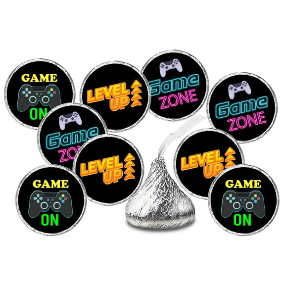 216 Gamer Kisses Stickers, Level Up Stickers for Gaming Birthday Party, Video Game Vibrant Colors Labels, Graduation, or Any Family Event Decorations, Candy Not Included.