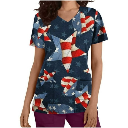 

abcnature Co.Ltd 4Th of July Scrubs Tops for Women American Flag Printed Short Sleeve Workwear T Shirts Holiday Patriotic V-Neck Uniform Blouse with Pockets