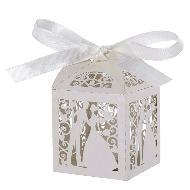 100 Uds Cajas de dulces de boda diseño de pareja fiesta de lujo boda Favor cinta cajas de dulces caja de regalo decoraciones de mesa (blanco)