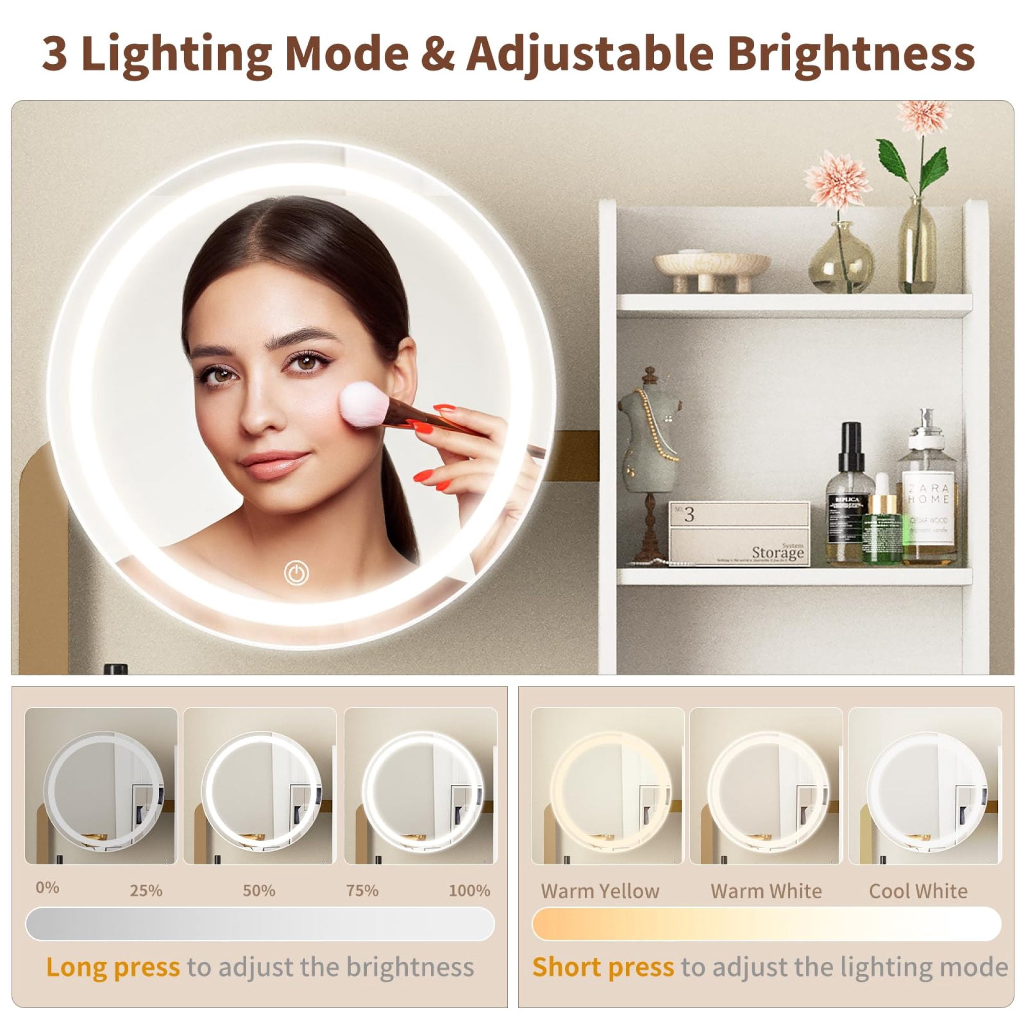 Leumius Small Vanity Desk with Mirror and Lights, Makeup Vanity Table with LED Mirror, 3 Lighting Modes, Power Outlet, Drawer, Open Shelves and Cushioned Stool for Bedroom (White and Gold)